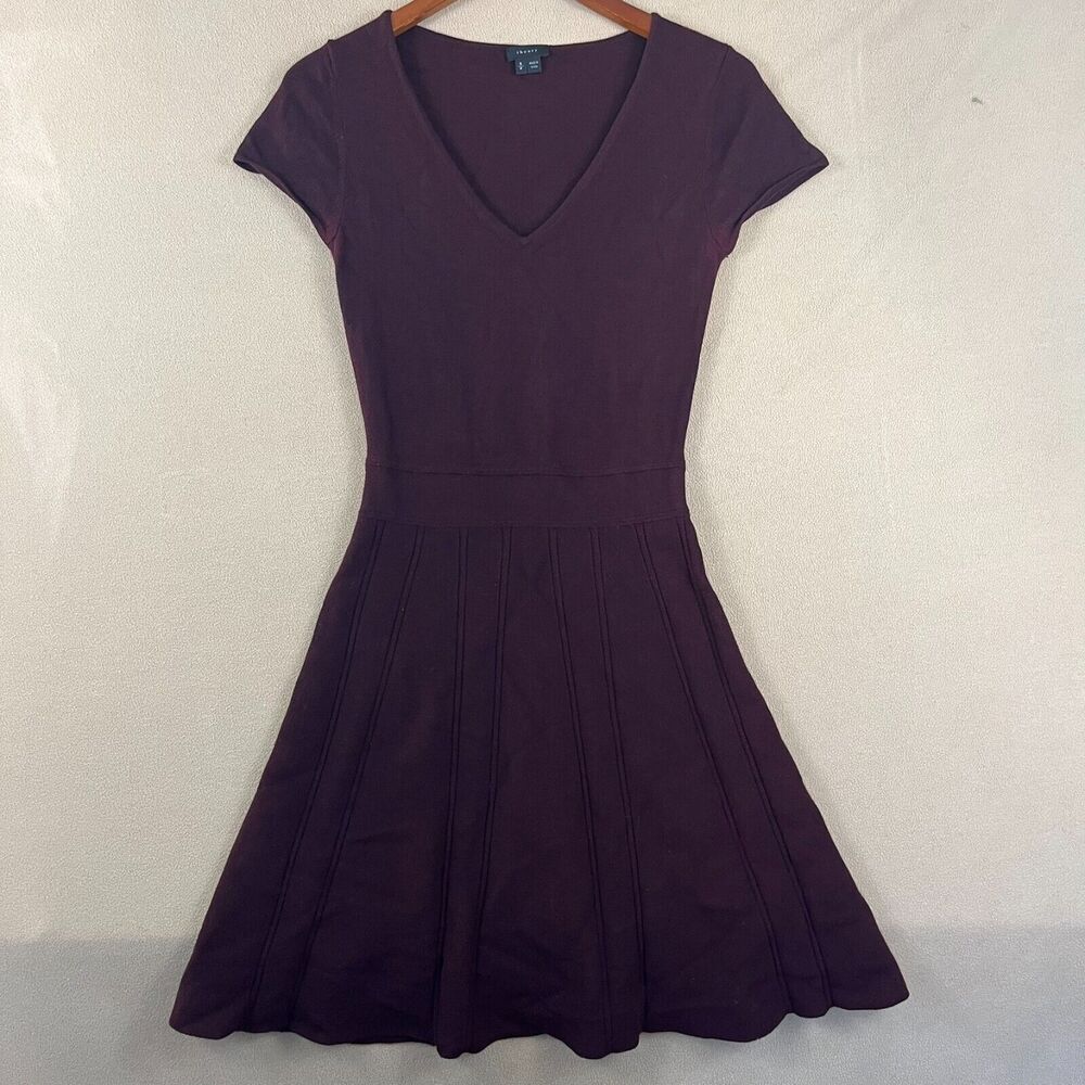 Theory Women's Dress Small Petite Purple‎ Wool Pleated V-Neck Short Sleeve Flare